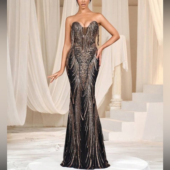 Luxe champagne mermaid hem party formal evening wedding gown dress - Picture 6 of 6